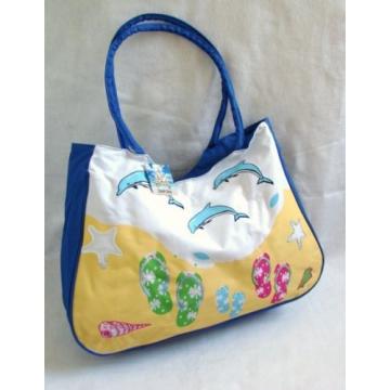 New Dolpins Sandals Print Blue White Yellow Hot Pink Fabric Beach Bag Lg Tote