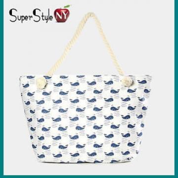 Whale Animal Print Canvas Ocean Fashion Bag Summer Beachbag Braided Rope Tote