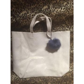 White Metallic Snakeprint Beach Bag Tote With Detachable Blue Pom Pom