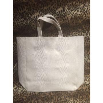 White Metallic Snakeprint Beach Bag Tote With Detachable Blue Pom Pom