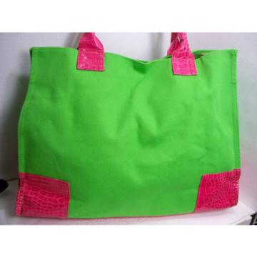 Green Pink Faux Croc Tote Bag Travel Dbl Strap Heavy Duty Beach Canvas Overnight