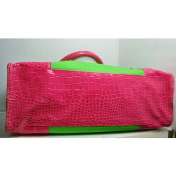 Green Pink Faux Croc Tote Bag Travel Dbl Strap Heavy Duty Beach Canvas Overnight