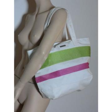 Julie Brown Cream Canvas Green Pink Sequin Beach Tote Bag NWOT $109.00