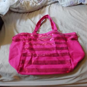 Victorias Secret Pink Sequin Canvas Tote Bag Beach Bag Side Pockets