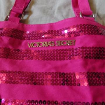 Victorias Secret Pink Sequin Canvas Tote Bag Beach Bag Side Pockets