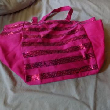 Victorias Secret Pink Sequin Canvas Tote Bag Beach Bag Side Pockets