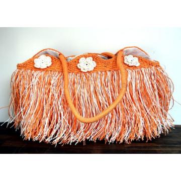 LARGE ORANGE WHITE FRINGE PAPER STRAW BEACH SHOPPER TOTE SHOULDER BAG HANDBAG