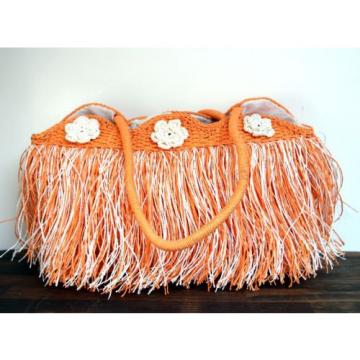 LARGE ORANGE WHITE FRINGE PAPER STRAW BEACH SHOPPER TOTE SHOULDER BAG HANDBAG