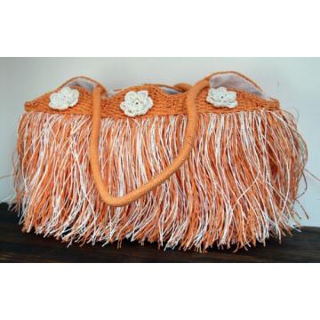 LARGE ORANGE WHITE FRINGE PAPER STRAW BEACH SHOPPER TOTE SHOULDER BAG HANDBAG