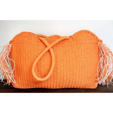 LARGE ORANGE WHITE FRINGE PAPER STRAW BEACH SHOPPER TOTE SHOULDER BAG HANDBAG