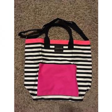 Victoria&#039;s Secret Black &amp; Pink Striped Canvas Tote Beach Gym Bag Large