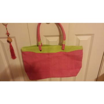 Oscar De La Renta Straw Woven Tote/Shopper Summer Beach Bag Pink/Green - EUC