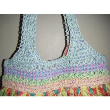 BLUE MIAMI Large BAG Unique Yarn Knit Fabric Boho Hippie Purse Tote Floral Beach