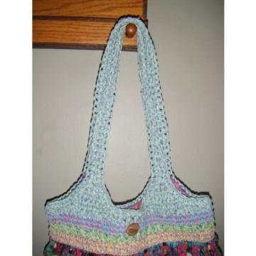 BLUE MIAMI Large BAG Unique Yarn Knit Fabric Boho Hippie Purse Tote Floral Beach