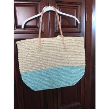 Merona Leather Straw Beach Tote Bag Purse Natural Aqua Color Block NWOT