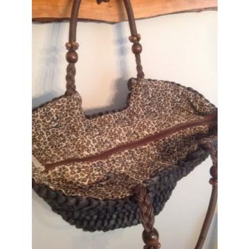 Francesca&#039;s Woven Bag Purse Shopper Beach Black Leopard New NWT