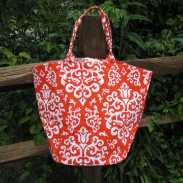 Womens BuckHead Betties Orange White Damask Print Canvas Beach Shopping Tote Bag