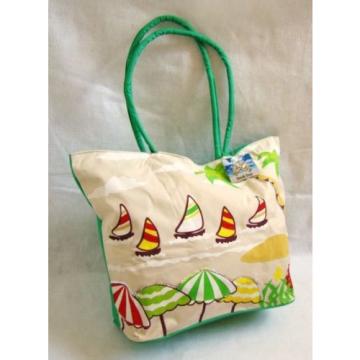 New Palms Sailboats Print Green White Yellow Green Fabric Beach Bag Lg Tote