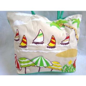 New Palms Sailboats Print Green White Yellow Green Fabric Beach Bag Lg Tote