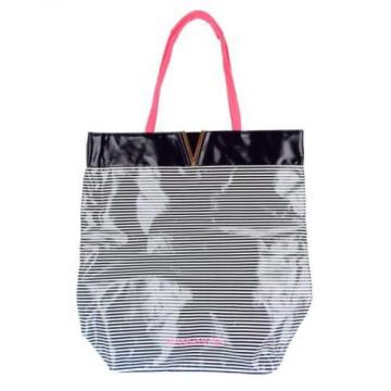 VICTORIA&#039;S SECRET Extra Large Black White Pink Stripe Beach Tote Travel Bag NWOT