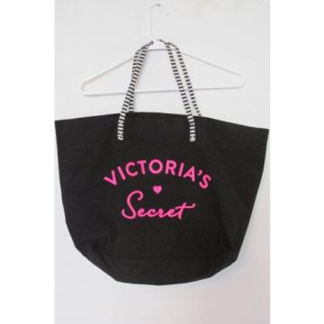 Victoria&#039;s Secret Black~Pink~White Striped Large Canvas Tote/Beach/Hand Bag