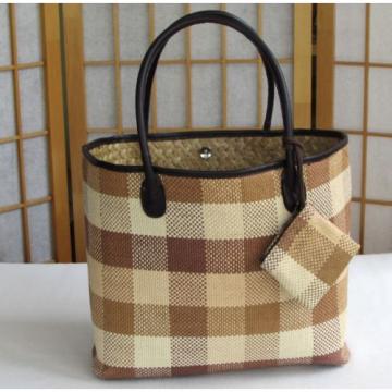 Womens Large Checked Straw Tote Beach Hand-Bag w/Faux Leather Strap Change Purse