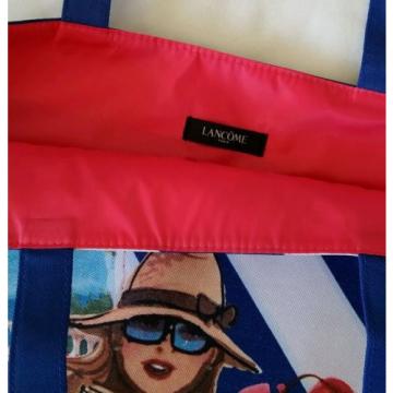 Lancome Paris Beach Tote Bag, Blue &amp; White Striped Canvas W/Vespa, Girl Design