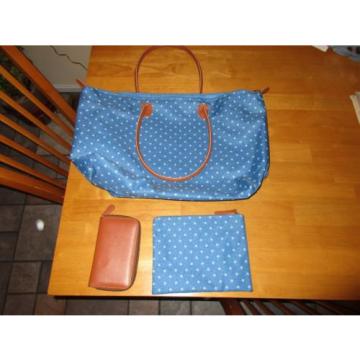 New Travel Make Up Beach Bag 3 Piece Set Blue w/ White Polka Dots