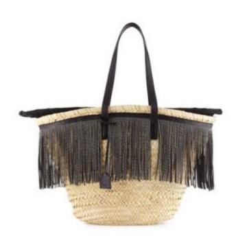 Auth Saint Laurent Cesto East-West Fringe-Trim Woven Tote Bag Beach Bag $2195