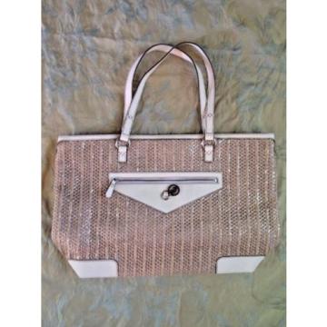 Juicy Couture Fancy Beach Tote Metallic Silver Straw &amp; White Leather Bag Purse