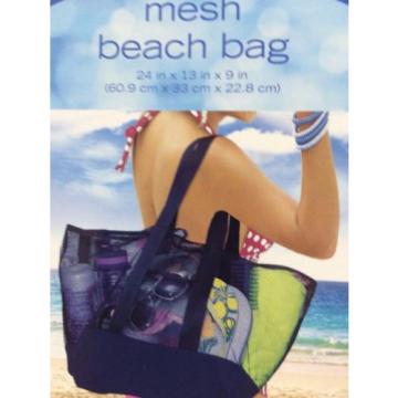 Large Mesh Tote Beach Bag Shopping Grocery Shoulder Big Blue &amp; White NEW