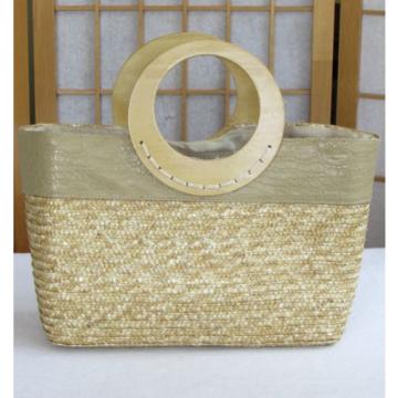 Womens Bijoux Terner Large Natural Wheat Straw Tote Beach Bag Handbag Wood Handl