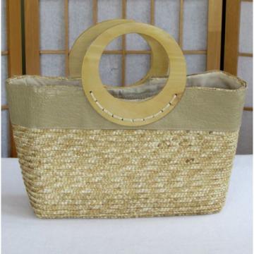 Womens Bijoux Terner Large Natural Wheat Straw Tote Beach Bag Handbag Wood Handl