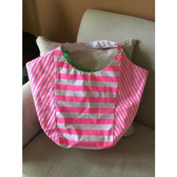 1 VICTORIA&#039;S SECRET BEACH PINK GREEN REVERSIBLE STRIPES CANVAS BAG TOTE  SHOPPER