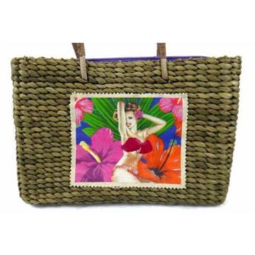 Xhilaration Corn Husk Woven Tote Purple Hula Girl Hibiscus Flower Beach Pool Bag