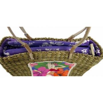 Xhilaration Corn Husk Woven Tote Purple Hula Girl Hibiscus Flower Beach Pool Bag