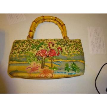 Marlo Casual Beach Cruise Evening Bag Purse Tan with Beach and flamingo