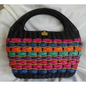 RATTAN MULTI-COLOR HANDBAG BEACH BAG Hot Pink Orange Green Lav Blue Black w/FEET