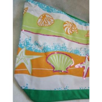 New Shells Print Green White Orange Green Light Blue Fabric Beach Bag Lg Tote