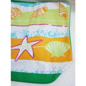 New Shells Print Green White Orange Green Light Blue Fabric Beach Bag Lg Tote