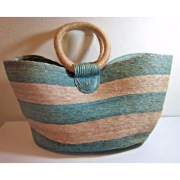 Large Vintage Woven Straw Tote Beach Carry All Hand Bag Teal Round Straw Handles