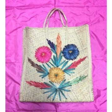 Vintage Wicker FLOWERS Tote Straw Beach / Picnic Bag Basket Purse - Nice!