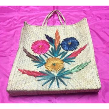 Vintage Wicker FLOWERS Tote Straw Beach / Picnic Bag Basket Purse - Nice!