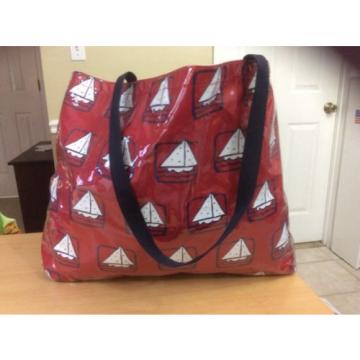 BEACH POOL BAG RED Navy SAIL BOATS Canvas Vinyl Coated