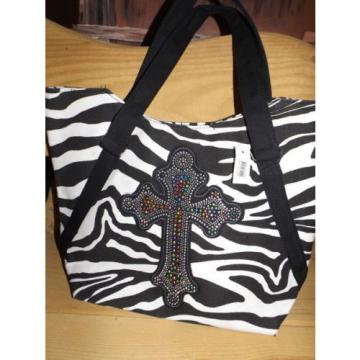 BLACK WHITE ZEBRA PRINT Embellished CROSS TOTE Shopper, Beach PURSE BAG