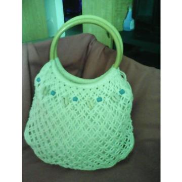 VINTAGE Natural Crochet Macrame Shell Bamboo Loop Handle Beach Tote Purse Bag