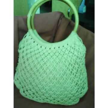 VINTAGE Natural Crochet Macrame Shell Bamboo Loop Handle Beach Tote Purse Bag