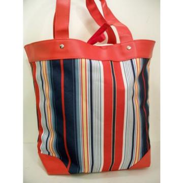 Red Striped Tote Bag Lined  Canvas Fabric Heavy Straps Travel Bag  Beach Shopper