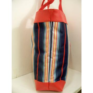 Red Striped Tote Bag Lined  Canvas Fabric Heavy Straps Travel Bag  Beach Shopper