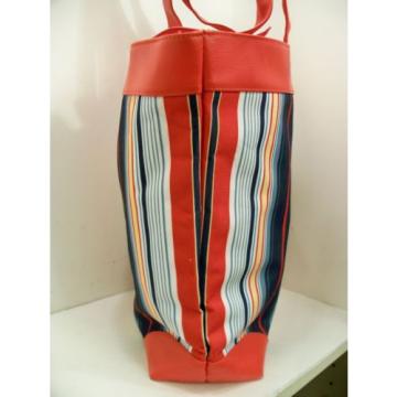 Red Striped Tote Bag Lined  Canvas Fabric Heavy Straps Travel Bag  Beach Shopper